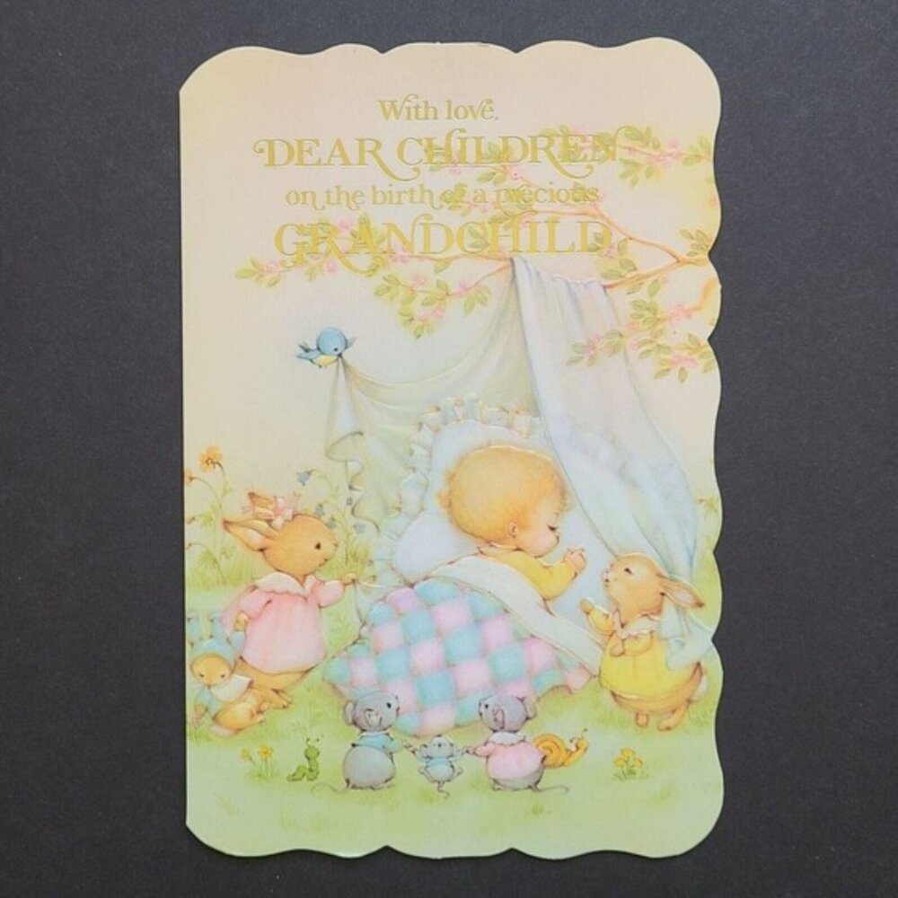 5/$15 Vintage Birth of Grandchild Greeting Card Dimensional Baby Bunnies